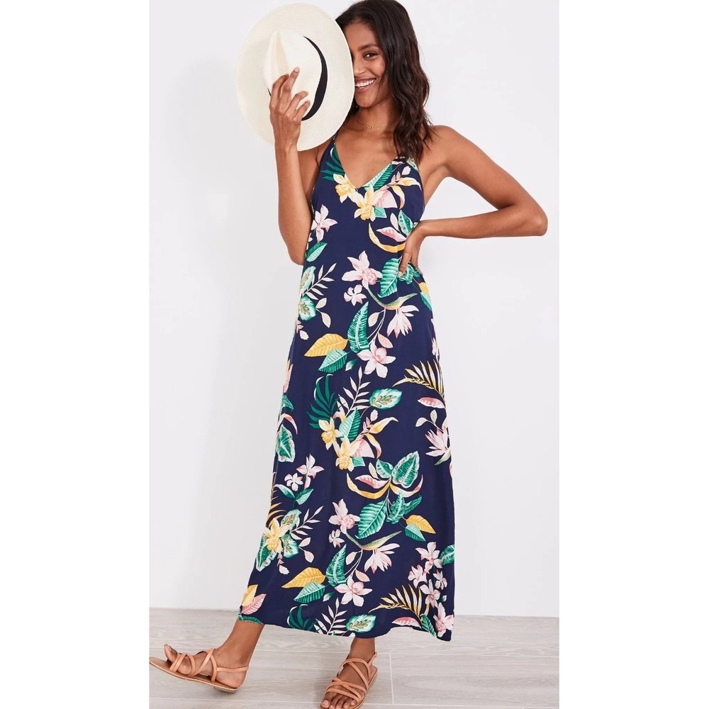 Old Navy Tropical Floral Maxi Dress XS Navy Blue Strappy Back Summer Vacation